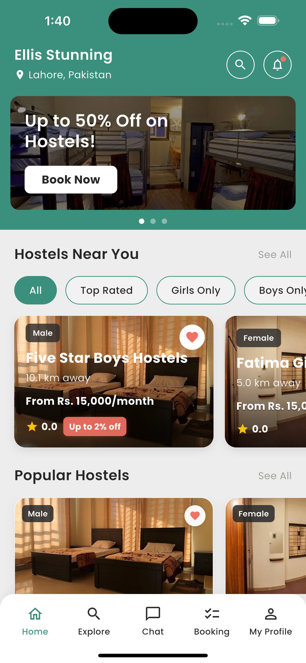 Thikana app home screen showing verified hostels in Lahore